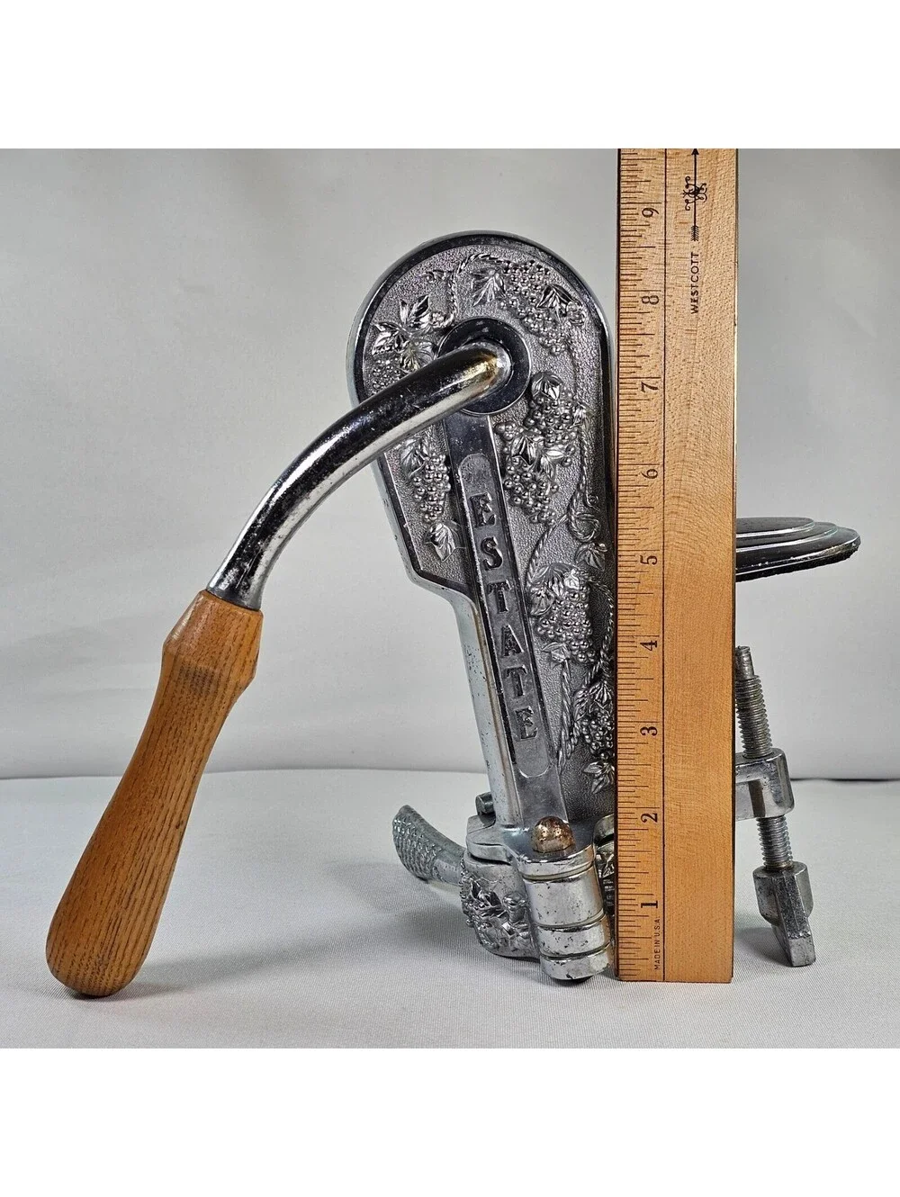 Estate Wine Opener Vintage Countertop Mount Corkscrew Chrome Grape Embossed Wood